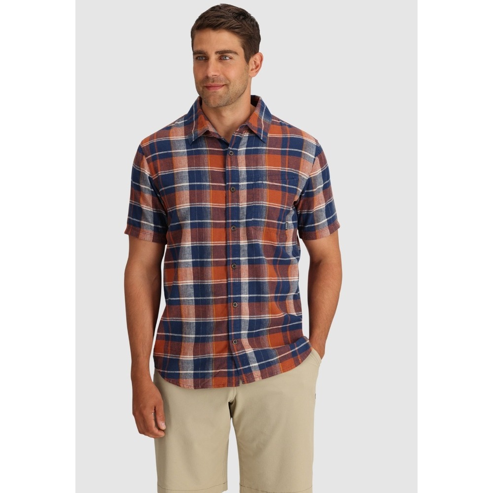 Outdoor Research Plaid Shirt Short Sleeve Casual Button Up Blue‎ Orange Mens Med